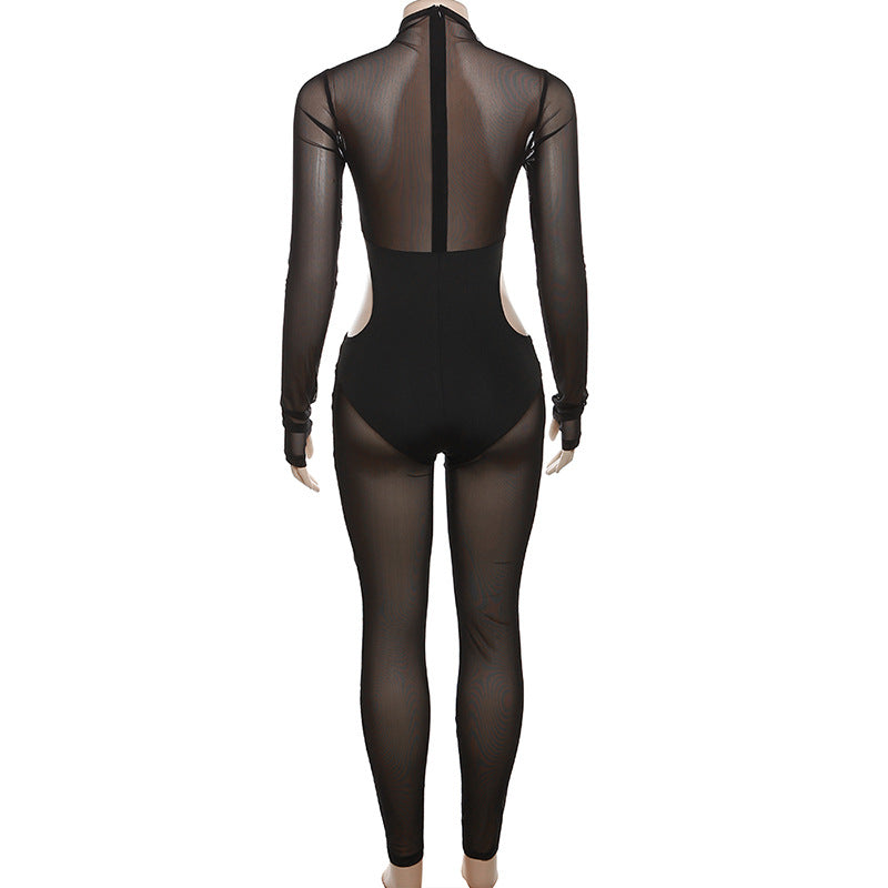 Women's Autumn and Winter mesh Patchwork Beaded See-Through Sexy Tight Fitting Butt Lift Jumpsuit 14