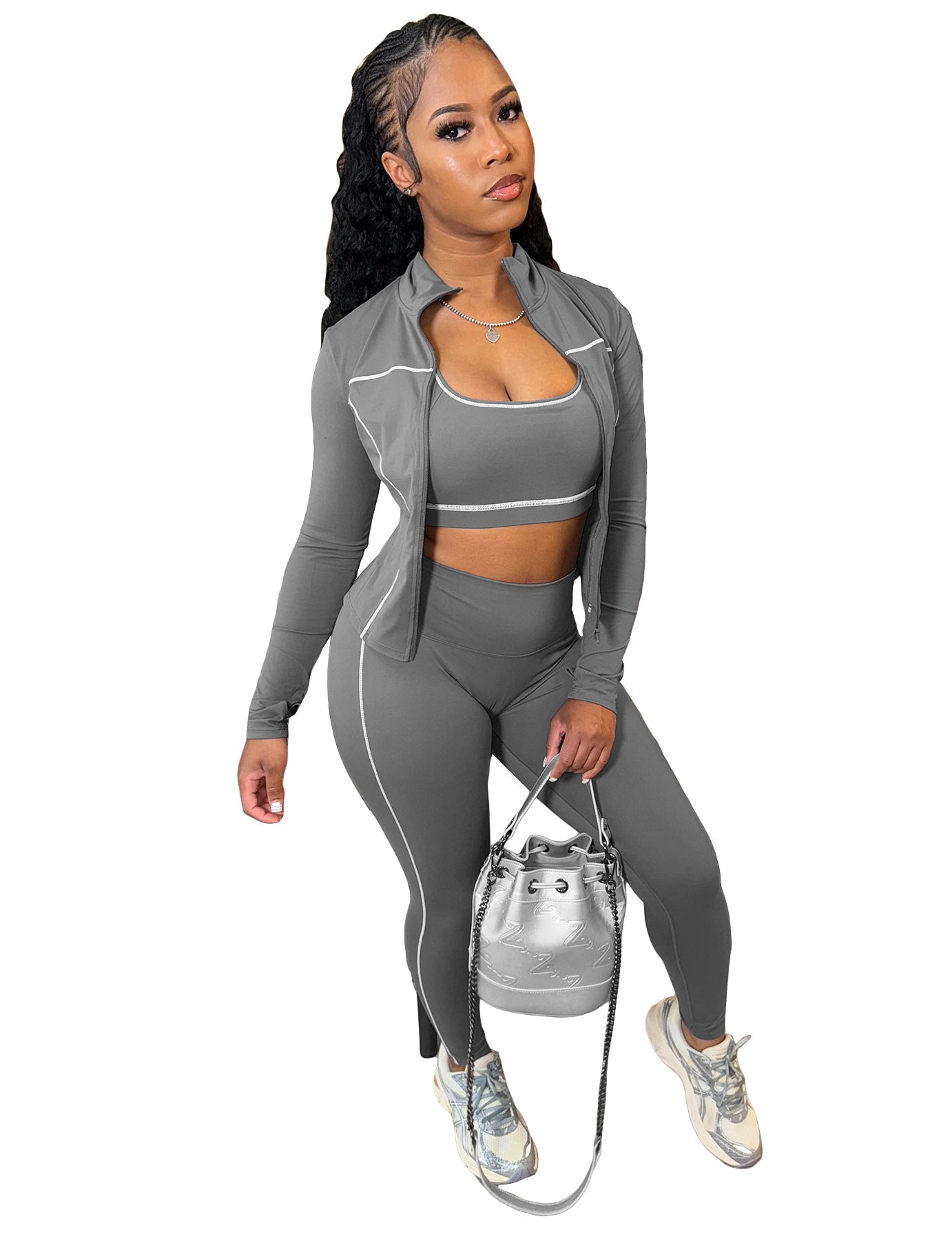 Women Zippered Thumb-Sleeve Long-Sleeved Top and Pants Three-Piece Set 10