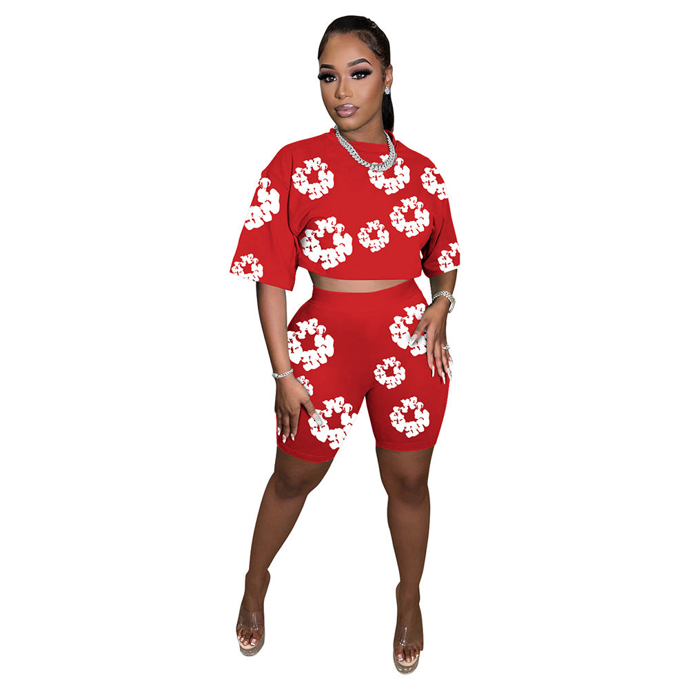 Women Summer Round Neck Short Sleeve Top and Shorts Printed Two-piece Set 7