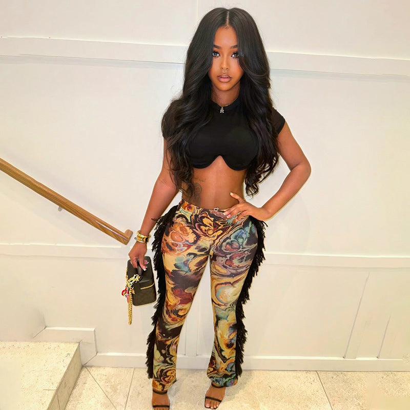 Women Autumn/Winter Multi-Color Printed Fringed Patchwork Pants 20