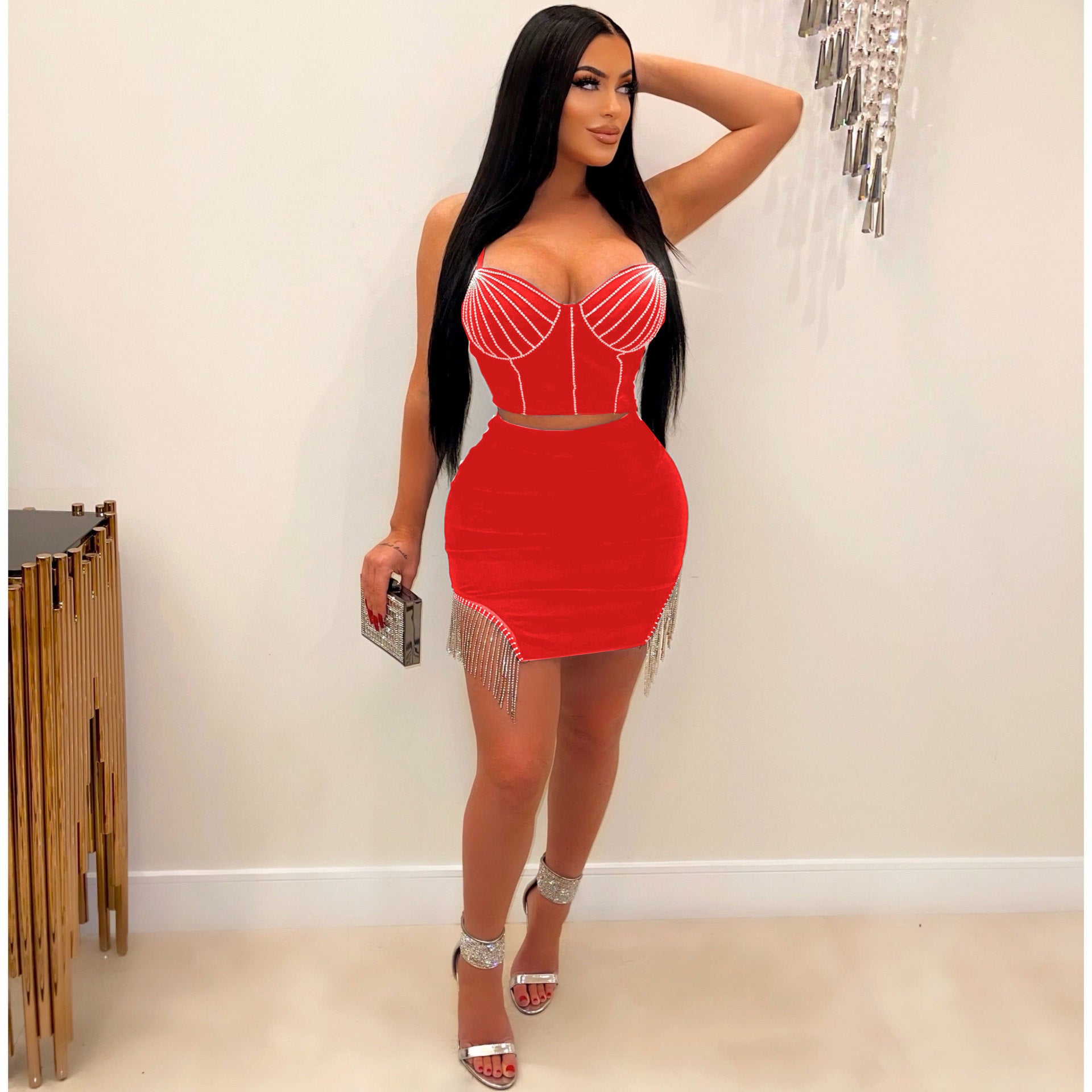 Sexy Beaded Two-Piece Straps Top And Tassels Skirt Clubwear 8