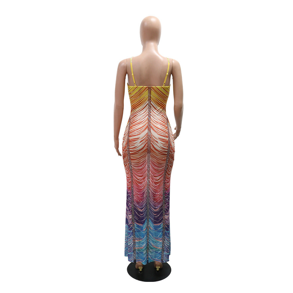 Women's Printed Fashion Sexy Slim Beaded Long Dress 7