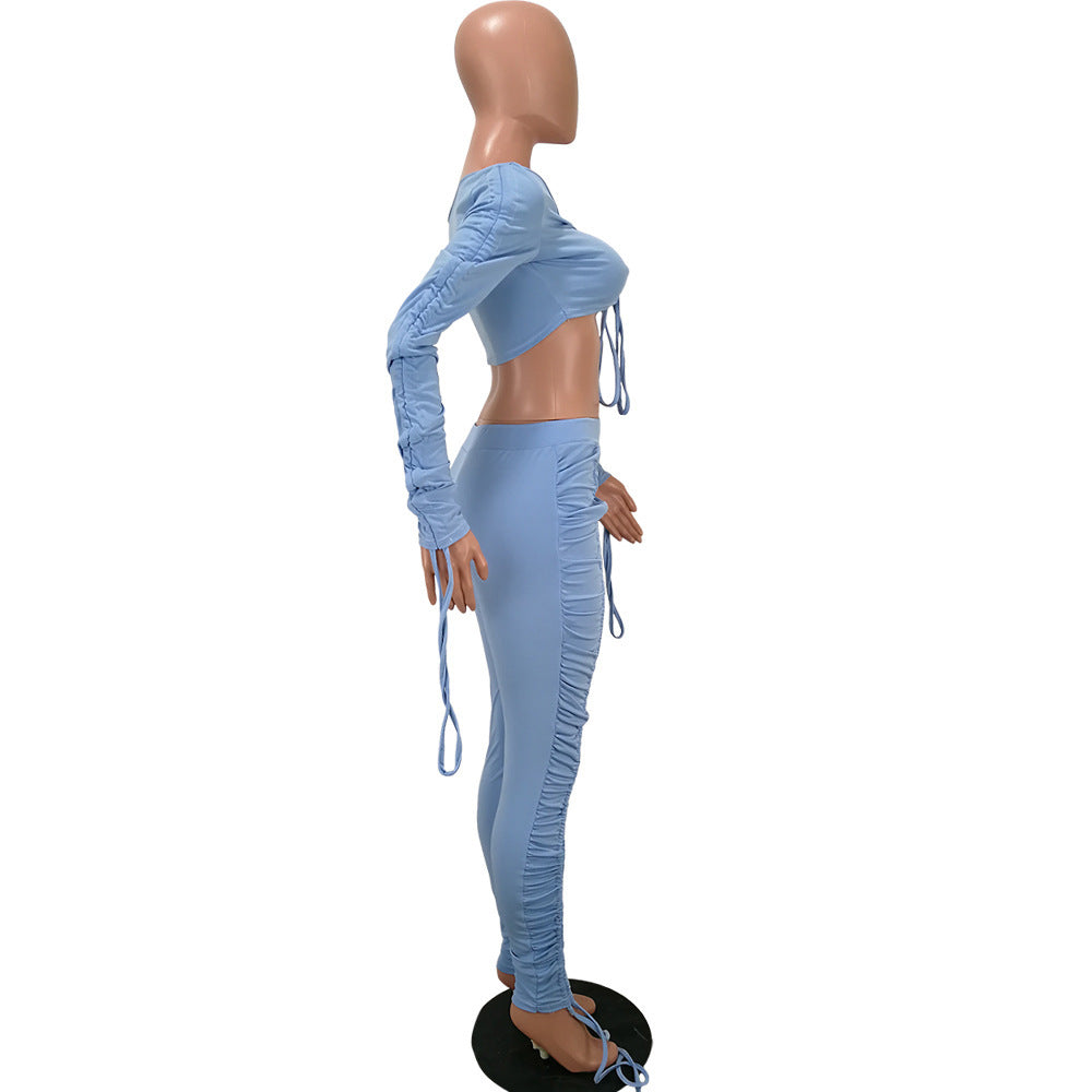 Sexy Women's Fashion Ruched Off Shoulder Solid Sexy Casual Two Piece Pants Set 16