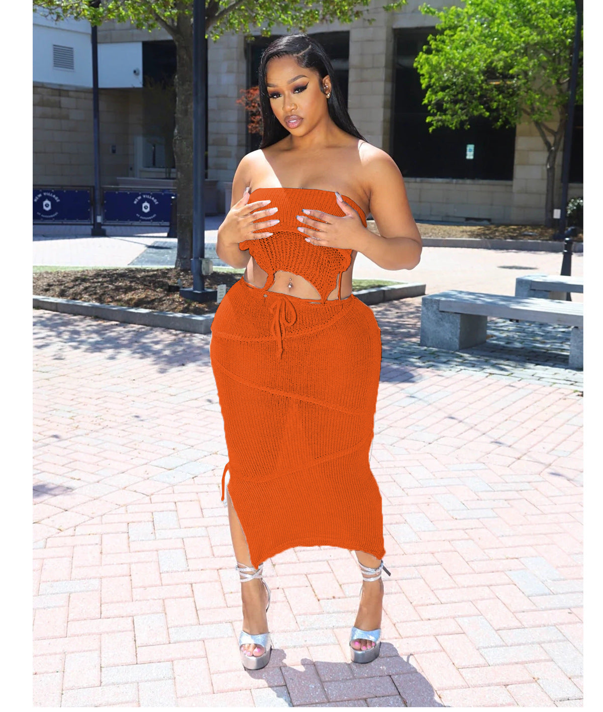 Women Sexy Wrap Backless Backless Crop Top and Skirt Two-Piece Set 6