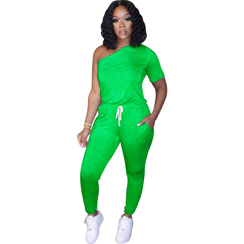 Sexy Women's Slash Shoulder Half Sleeve Solid Color Slim Fit Women's Sports Jumpsuit 10