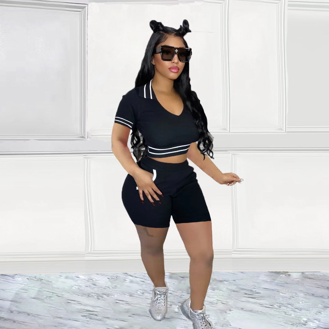 Women Casual Sexy V-Neck Ribbed Sport Two-Piece Set