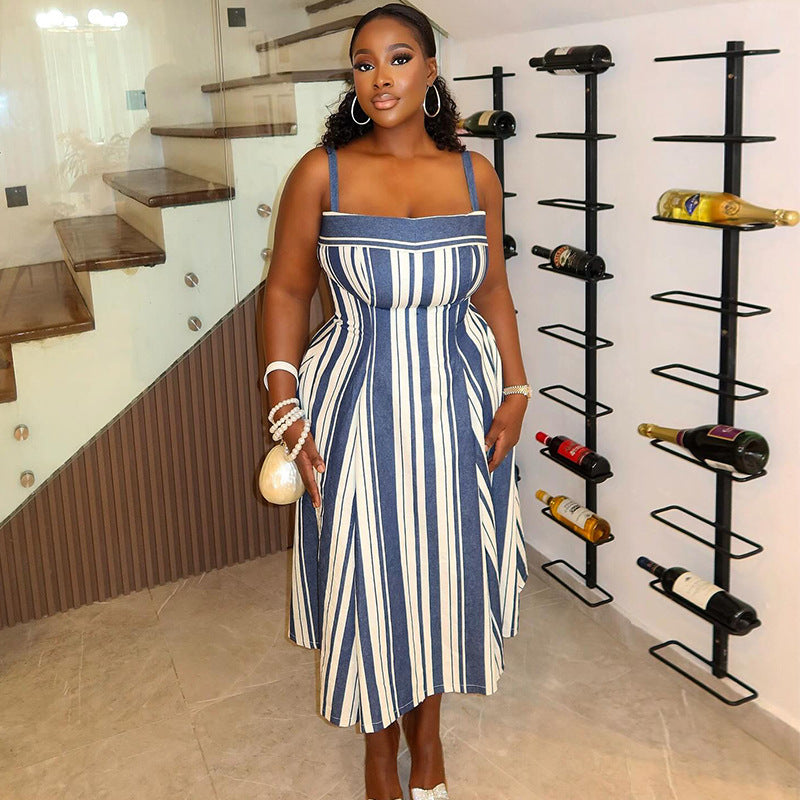 Women's Autumn Fashion Elegant Strap Striped Flared Dress 4