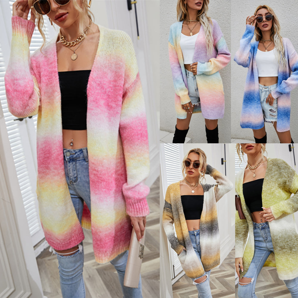 Winter Sweater Rainbow Tie Dye Plus Size Cardigan Women's Knitting Shirt Jacket 7