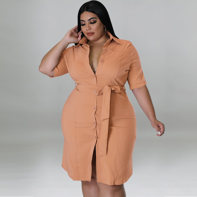 Plus Size Women Fall Solid Short Sleeve Shirt Dress 7