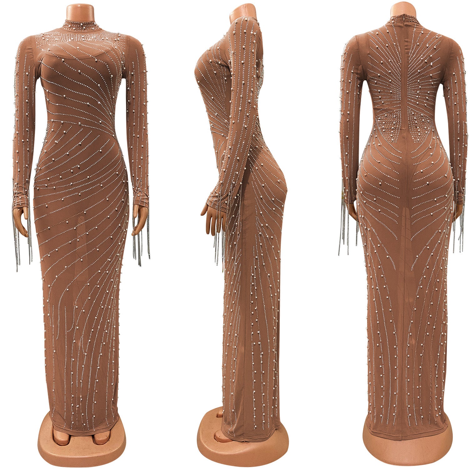 Spring Women's Sexy Mesh Beaded Nightclub Party Long Dress 13