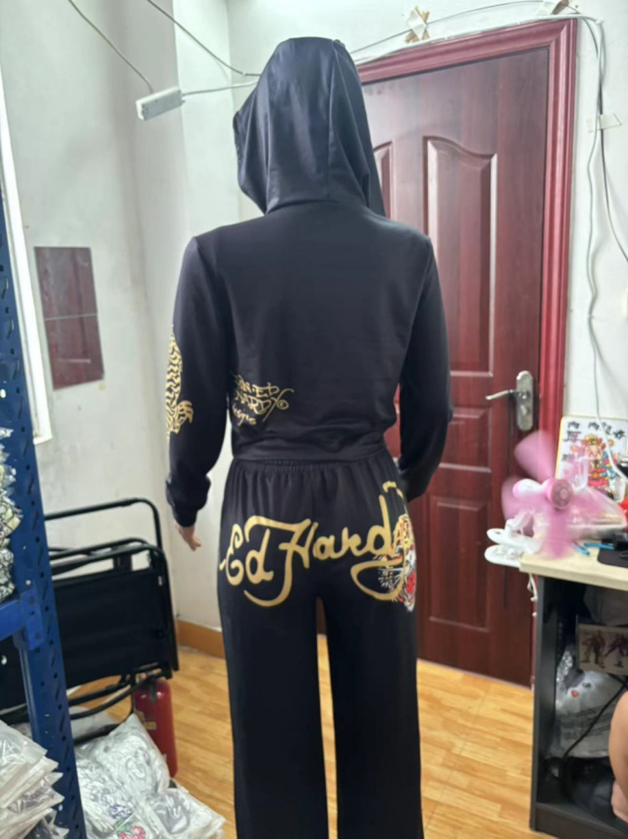 Women street casual print zipper hooded Print Top and Pants two-piece set 15