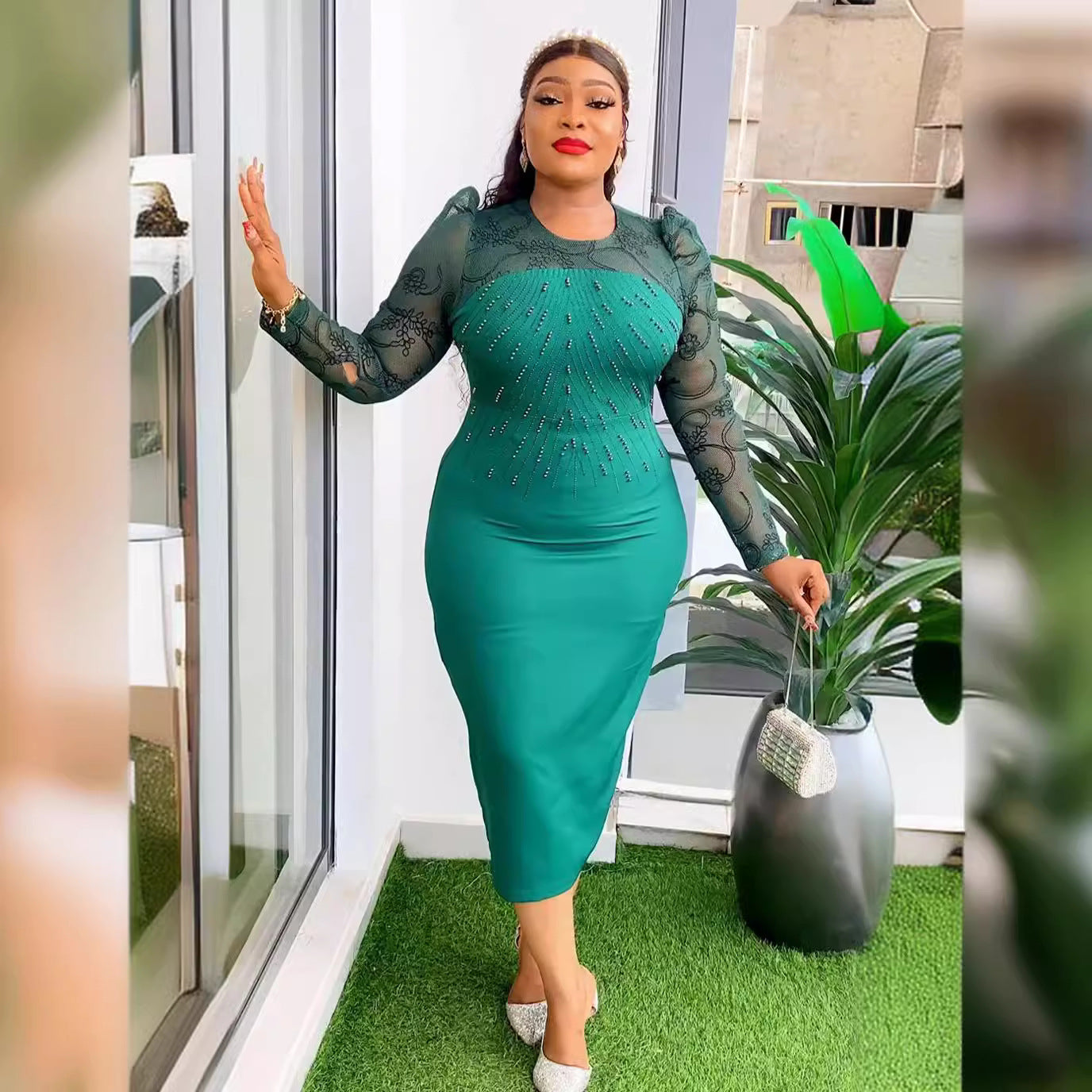 Women's Fashion Career Chic Africa Plus Size Organza Patchwork Bead Bodycon Dress 3