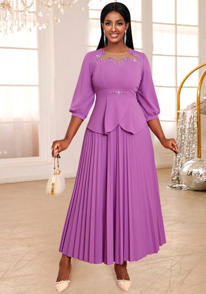 Lantern Sleeve A-Line Pleated Beaded Party Dress