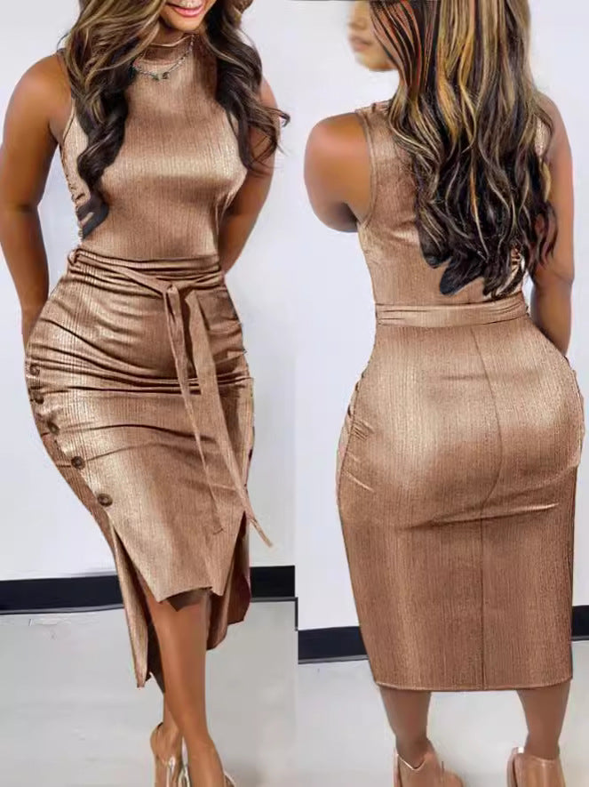 Sexy Sleeveless Button Split Bodycon Dress 5