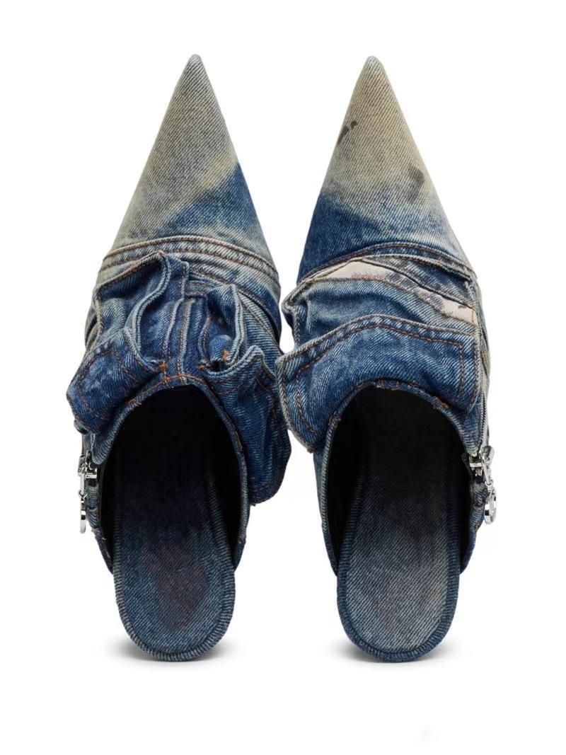 Pointed Denim Patchwork Stiletto Plus Size Women's Slippers