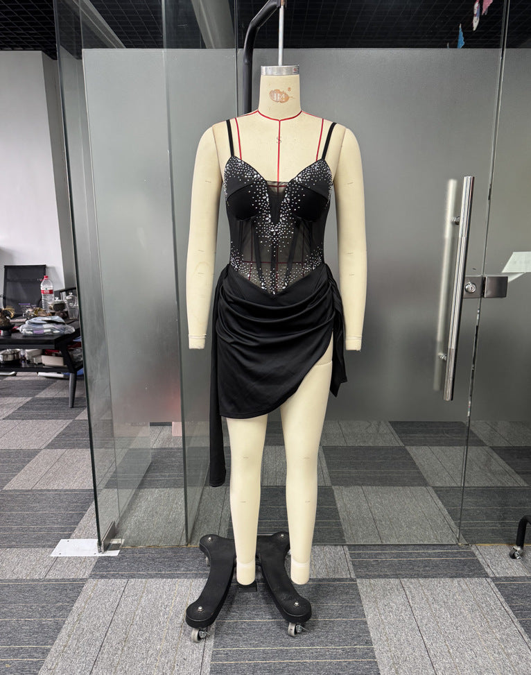 Elegant See-Through Beaded V-Neck Strap Slim Waist Stretch Club Dress 6