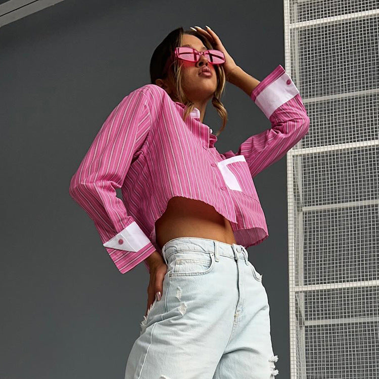 Women French striped turndown collar long sleeve crop top shirt 4