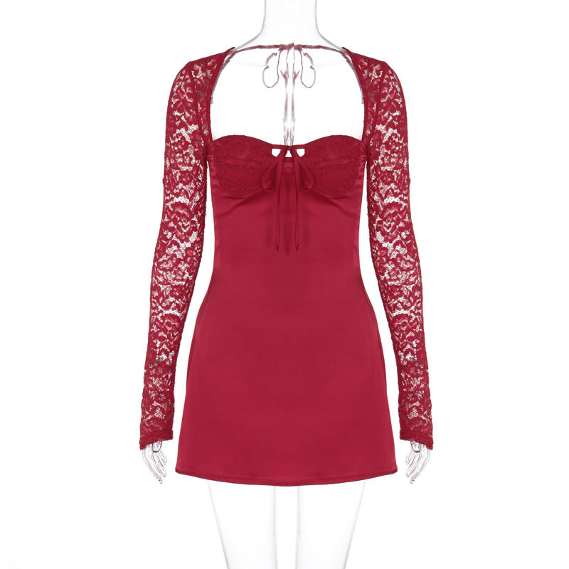 Summer Women Lace Long Sleeve Sexy Backless Plunging Bodycon Dress 6