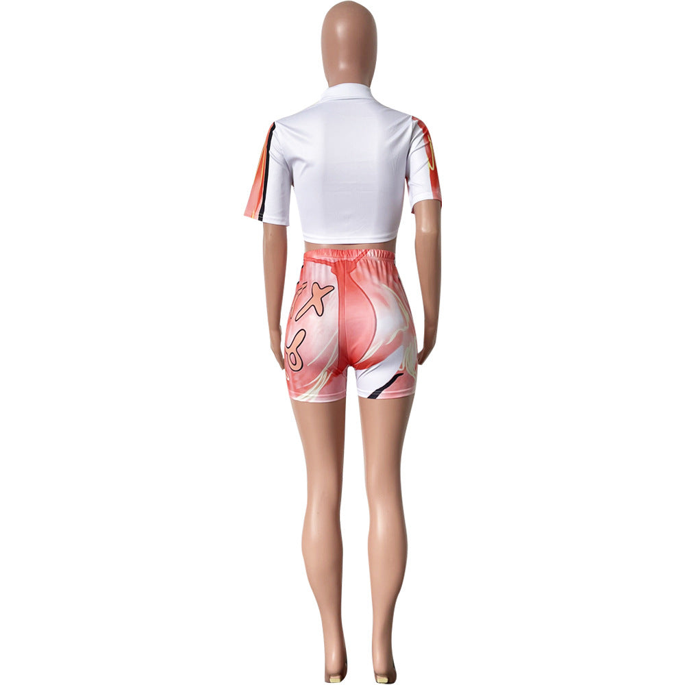 Fashion Casual Print Suit Street Women Short Sleeve Shorts Two Piece Set 5