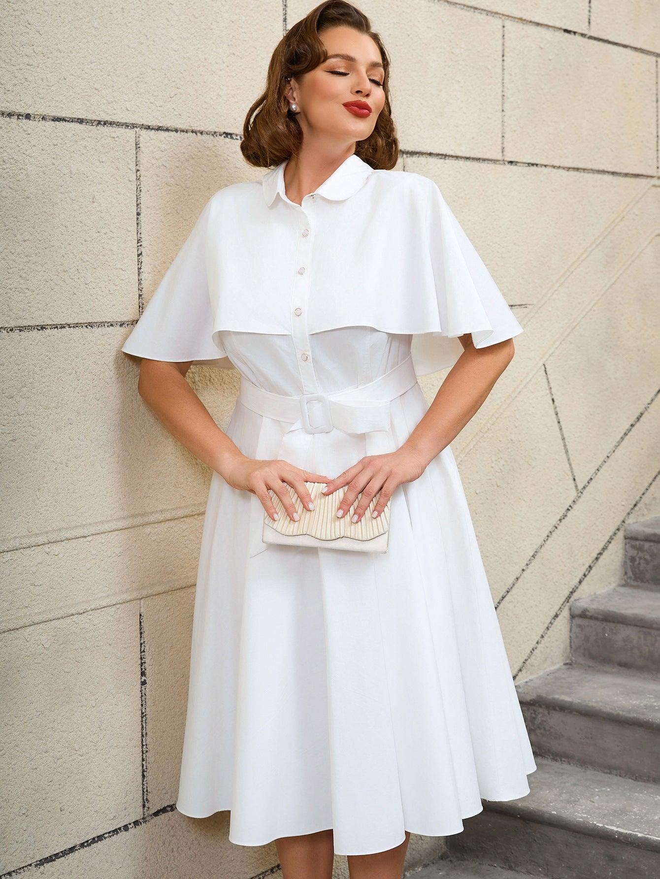Plus Size White Belted Shirt Dress Cape Sleeve Button-Down A-Line Midi Dress 5