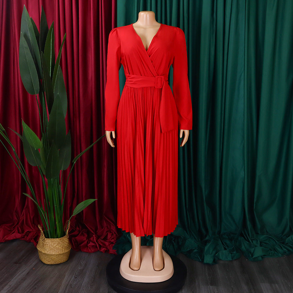 V-Neck Chic Elegant Slim Waist Belted Pleated High Waist Plus Size Dress 17