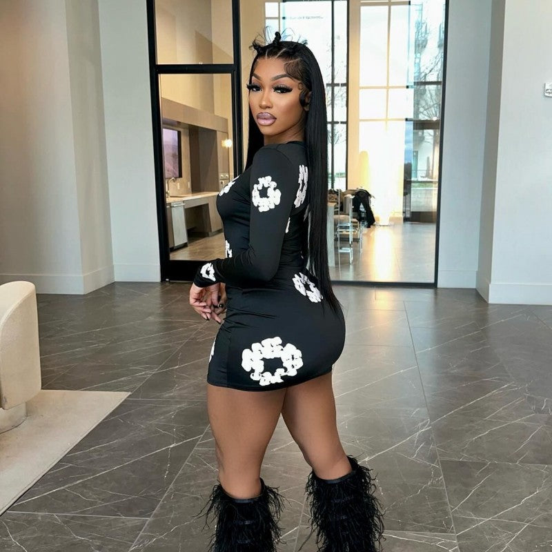 Women Round Neck Long Sleeve Flower Print Dress 8