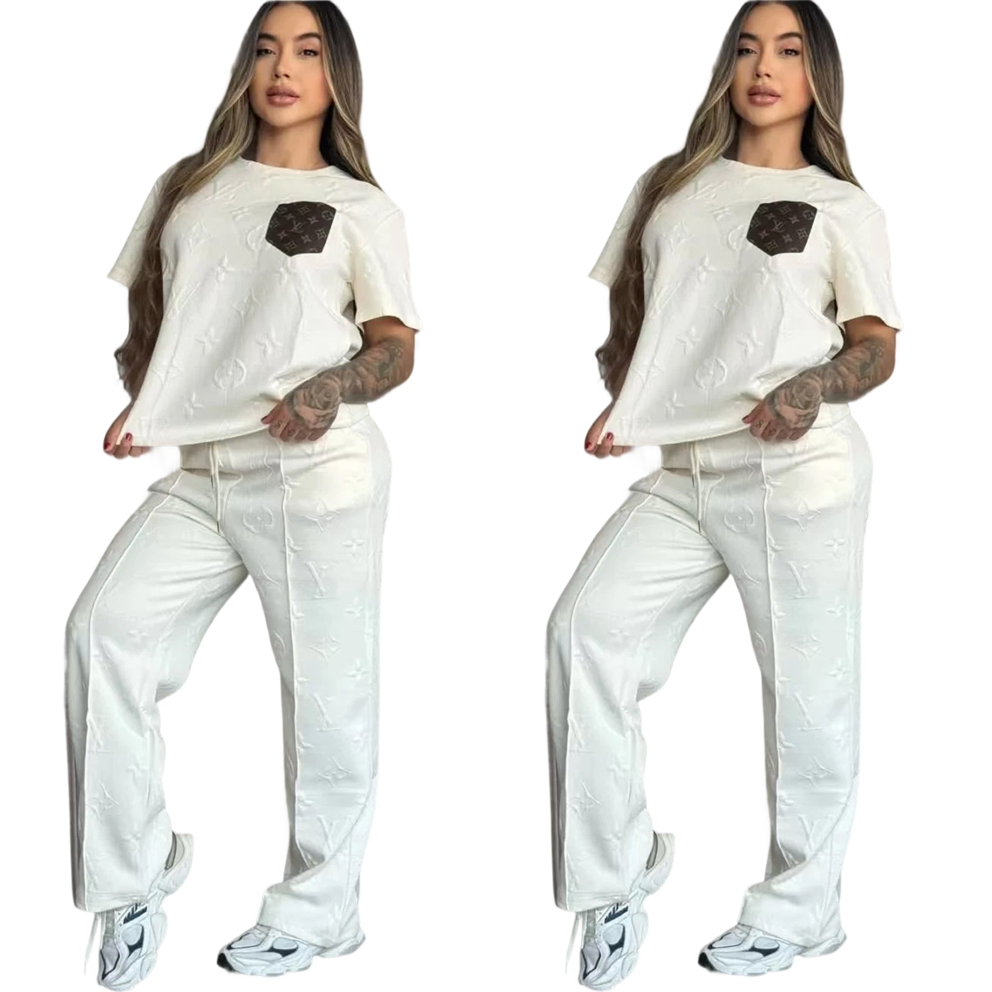 Women casual Pu-Leather pocket short-sleeved top and long pants jacquard two-piece set 8