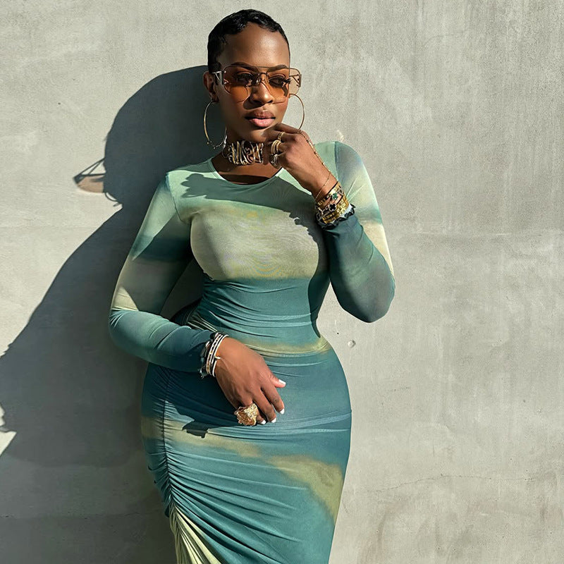 Career Women's Print Pleated Waist Tie Slim Fit Bodycon Round Neck Long-Sleeve Dress 3