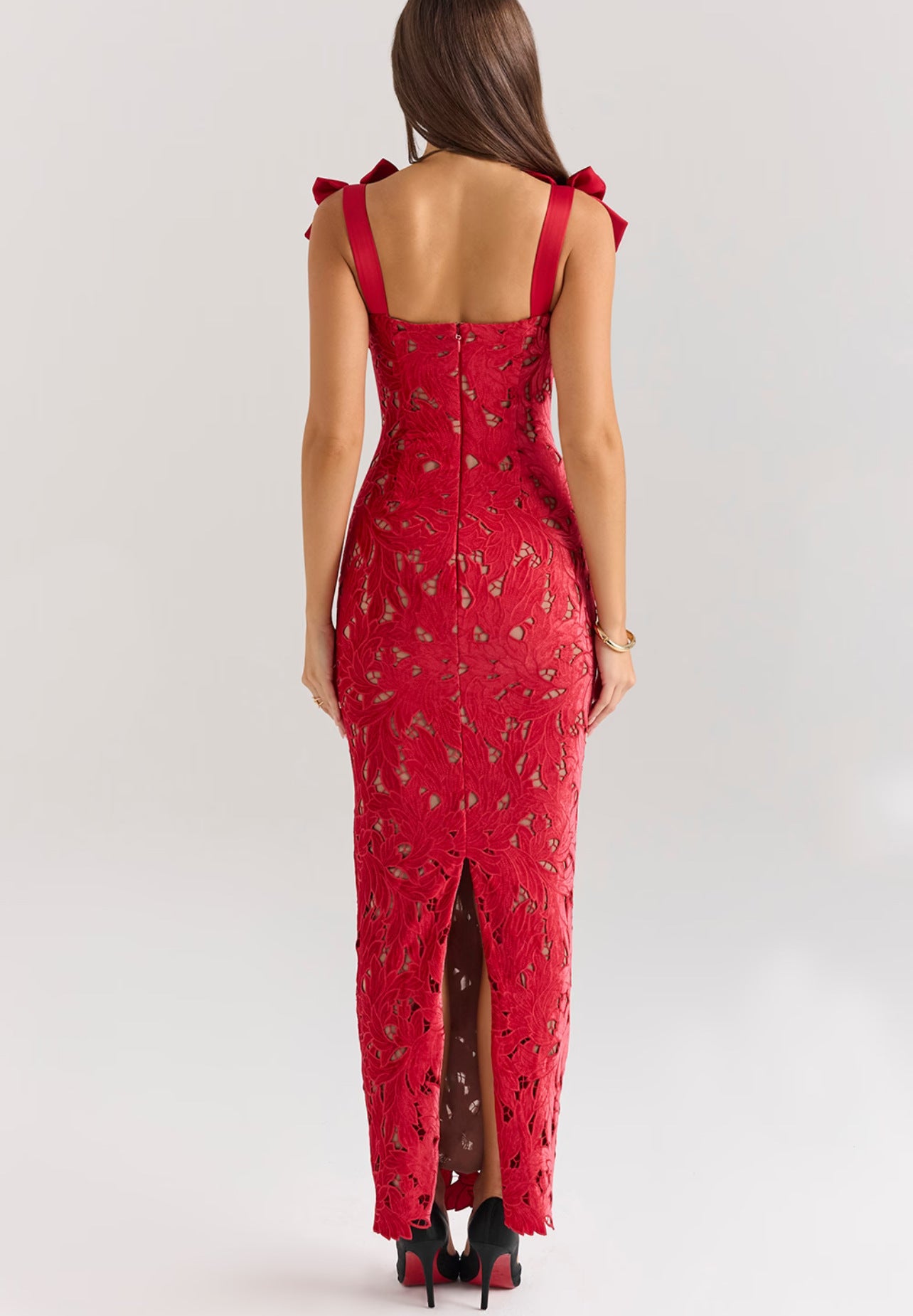 Women Spring and Summer Bow Embroidered Hollow Bodycon Dress 9