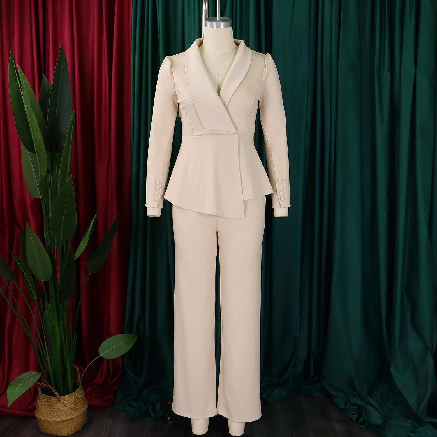 Women Elegant Ruffled Long Sleeve Top Wide Leg Pants Two-Piece Set 15