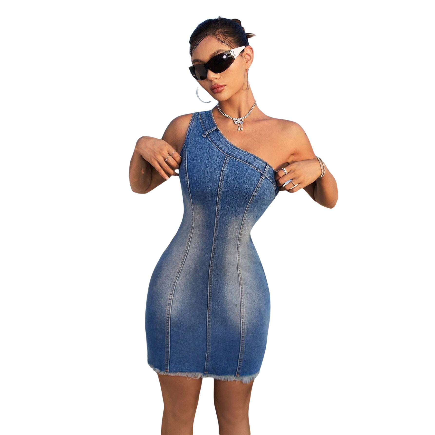 Slash Shoulder Tight Waist Slim Elastic Denim Dress 5