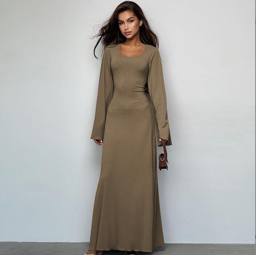 Women Autumn Loose U-neck Lace-up Long Sleeve Dress 9