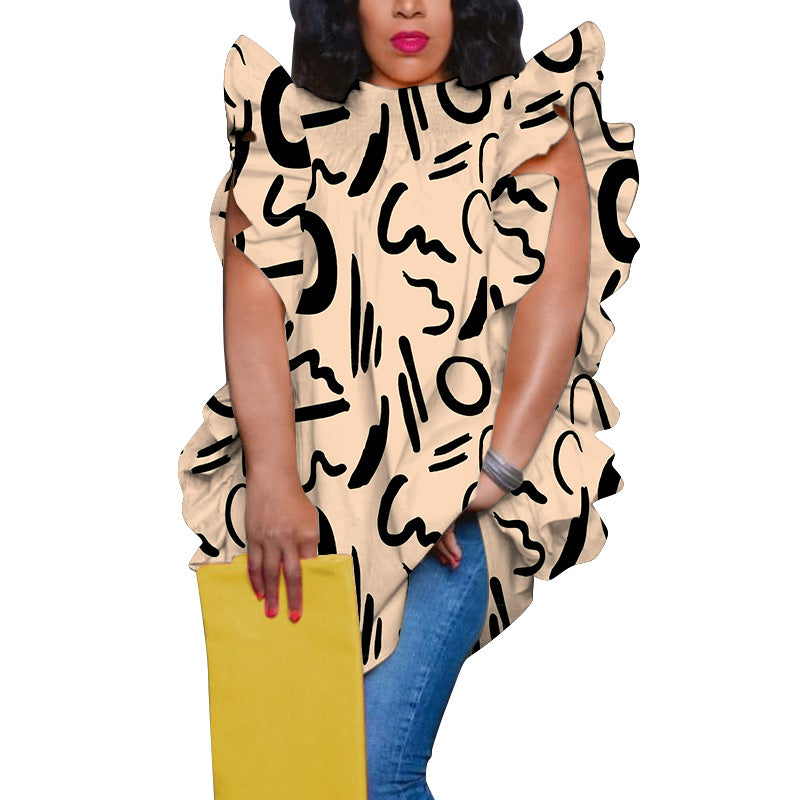 Women's Plus Size print Round Neck ruffle loose shirt top 7