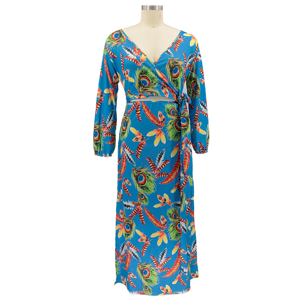 Plus Size Women Feather Print Sexy Slit Dress 23