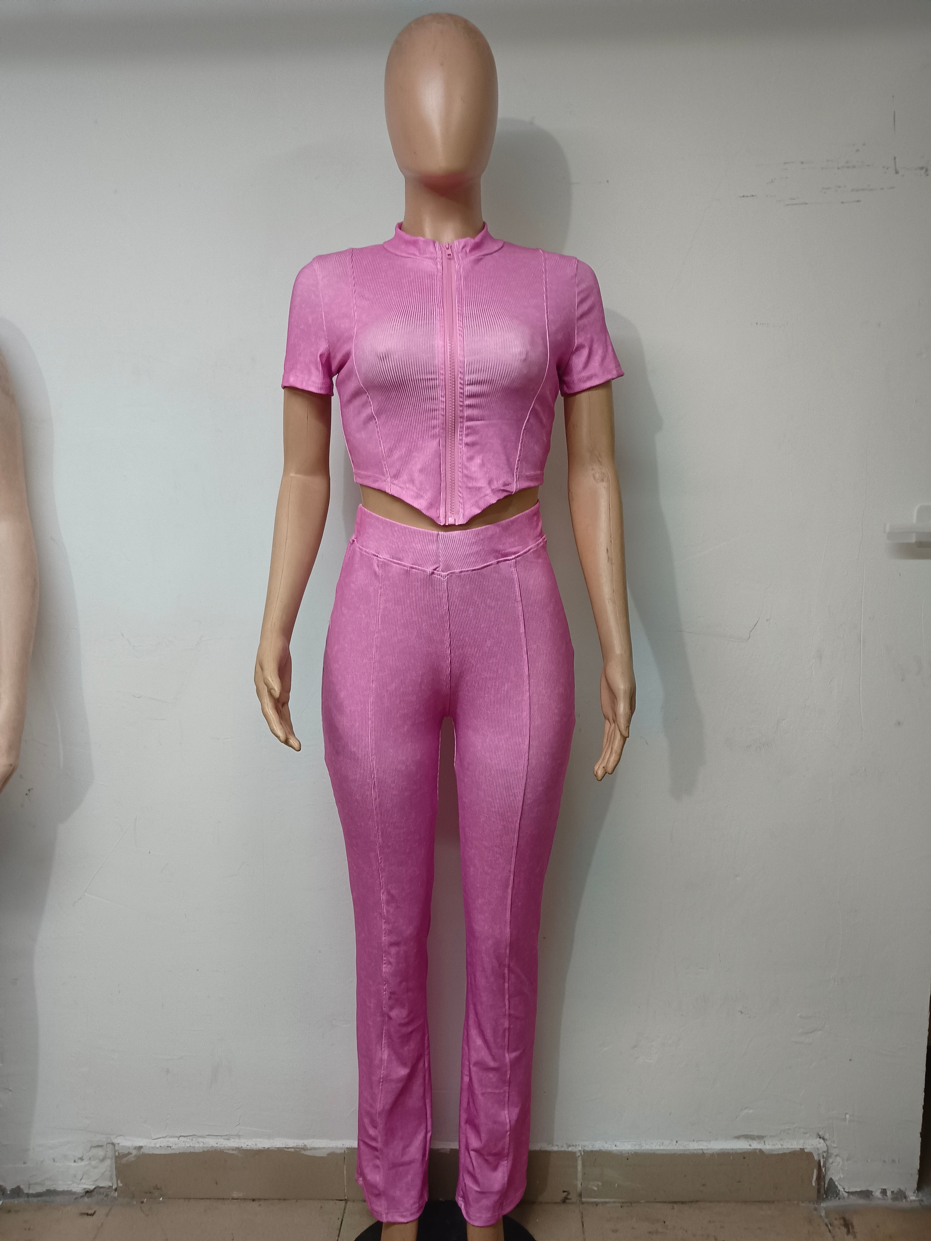 Women Printed Short Sleeve Zipper Top And Bell Bottom Pant Two-piece Set 17