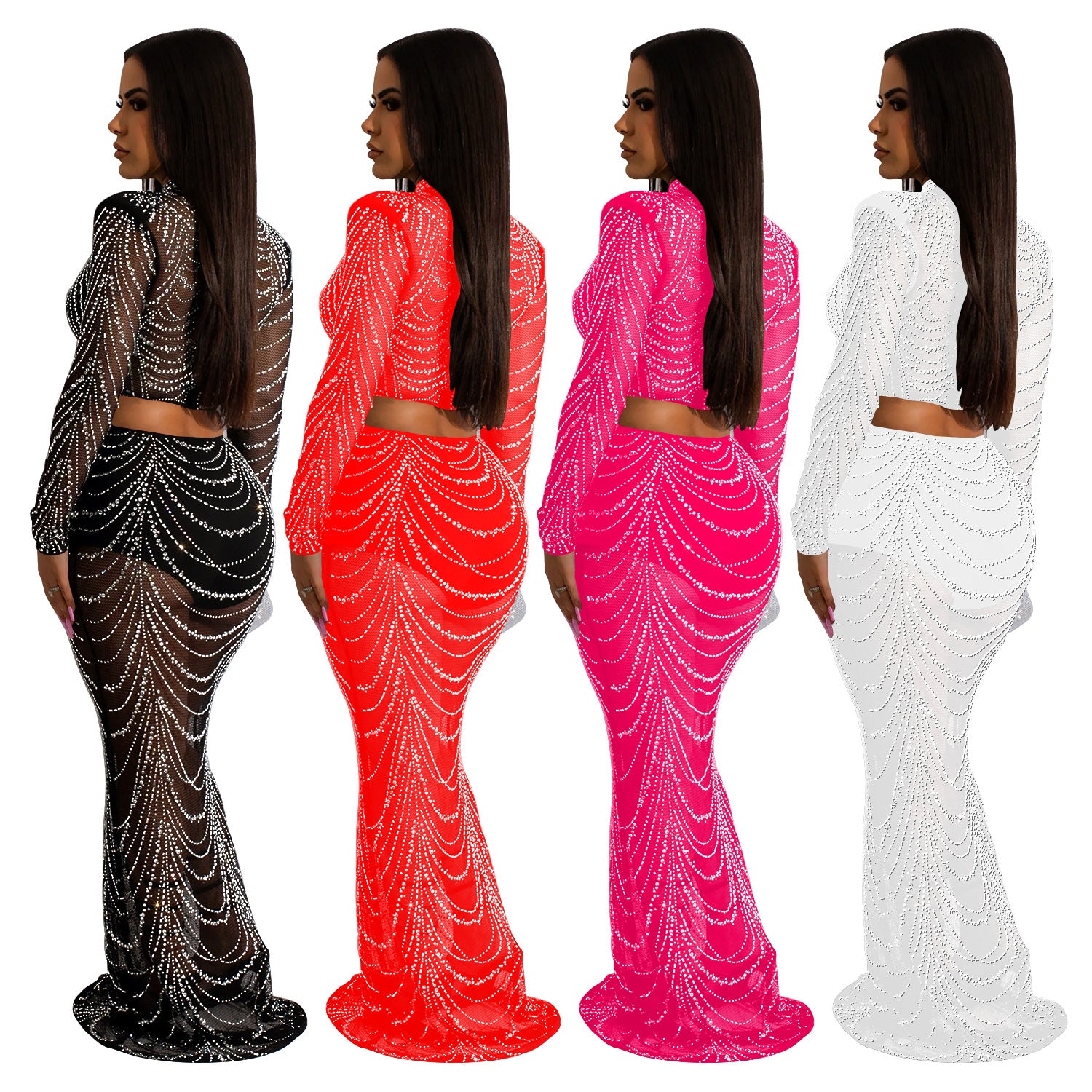 Women's Fashion Solid Color Mesh Beaded Long Sleeve Crop Top Long Skirt Two-Piece Set 9