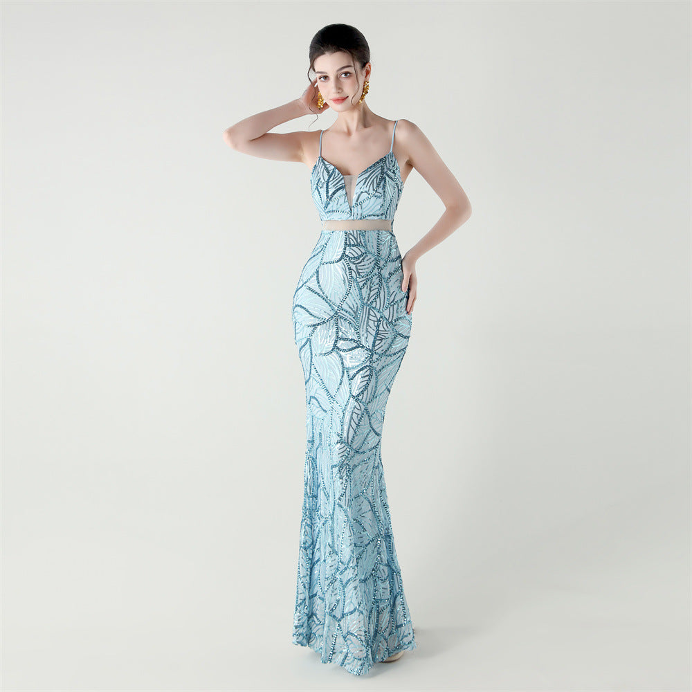 Women tulle Patchwork cross Lace-Up sequined Formal Party evening dress 24