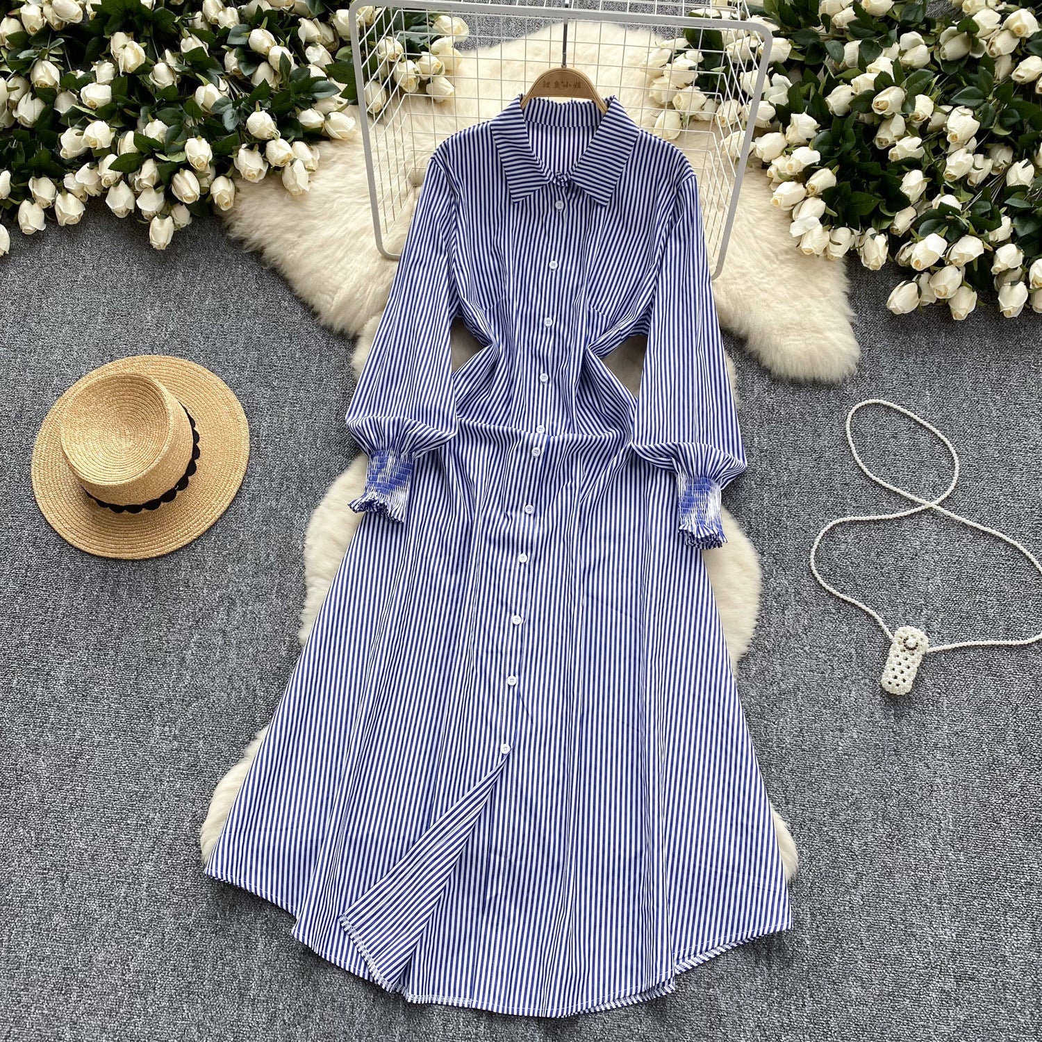 Chic Trendy Long Sleeve Single Button Casual Striped Shirt Dress 15