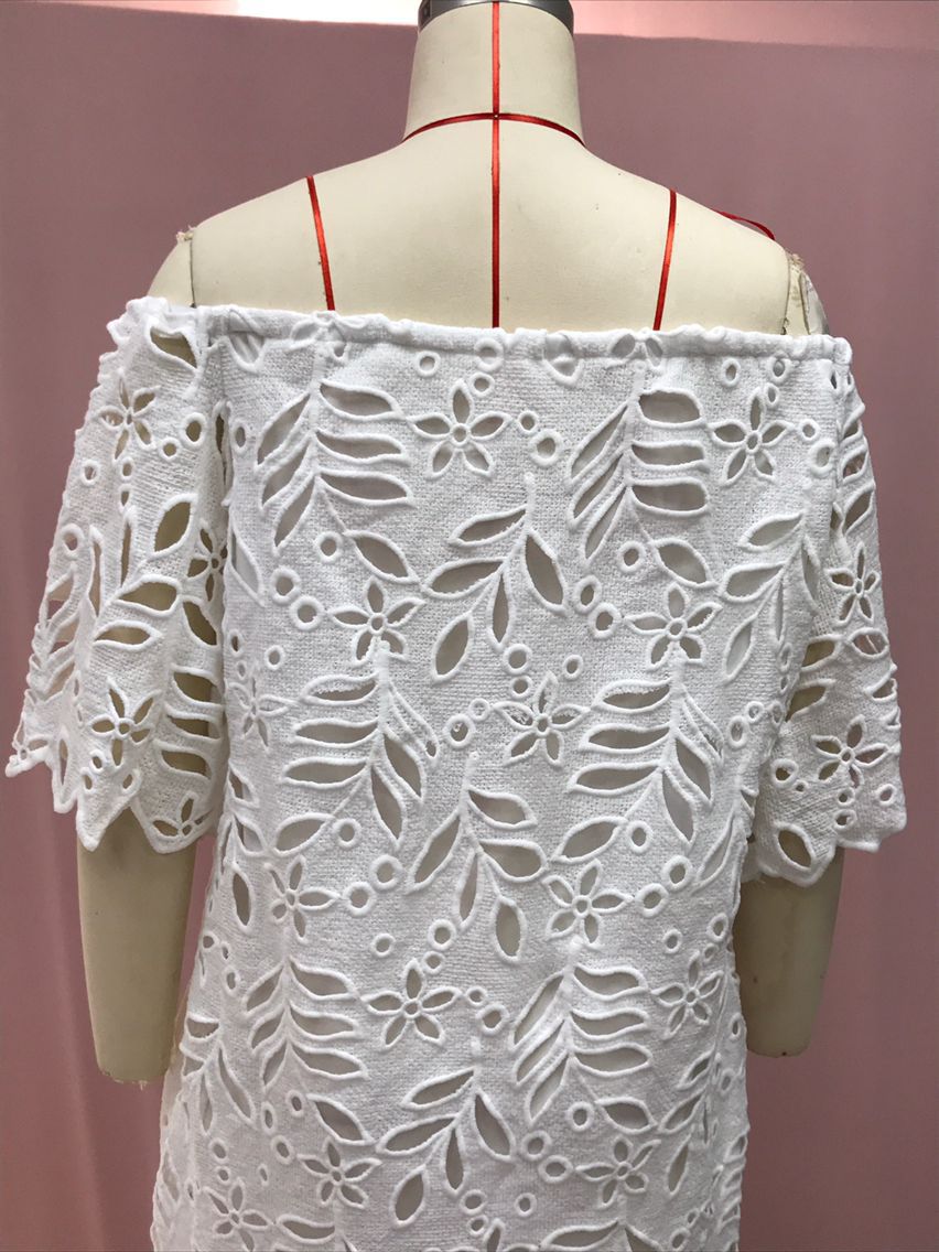 Spring Summer Solid Color Lace Half-Sleeve Off Shoulder Fashion Casual Dress 21