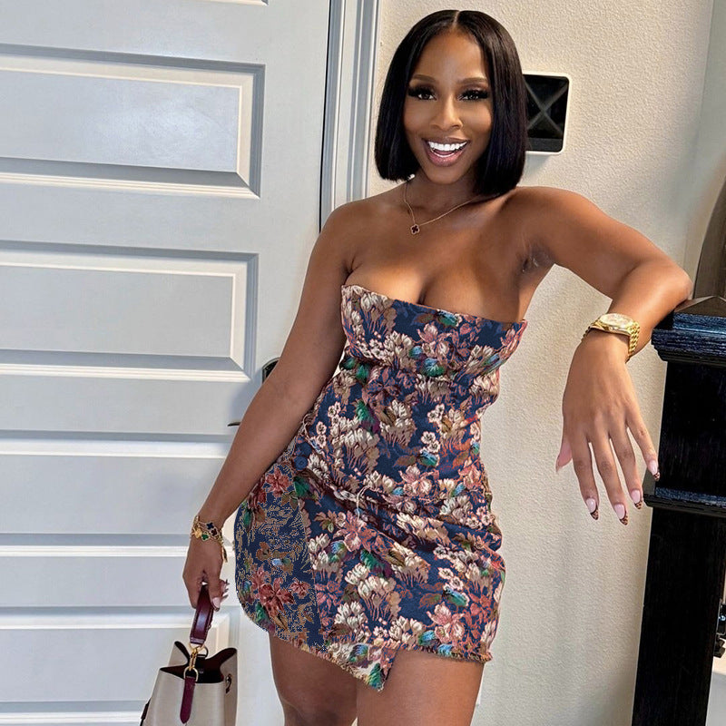 Women Sleeveless Strapless Flower Button Dress 4