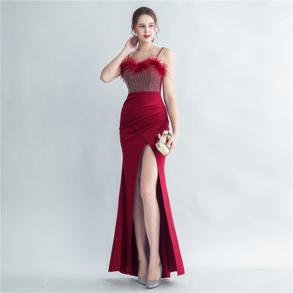 Feather Beaded straps Side Slit formal party Evening Dress 13