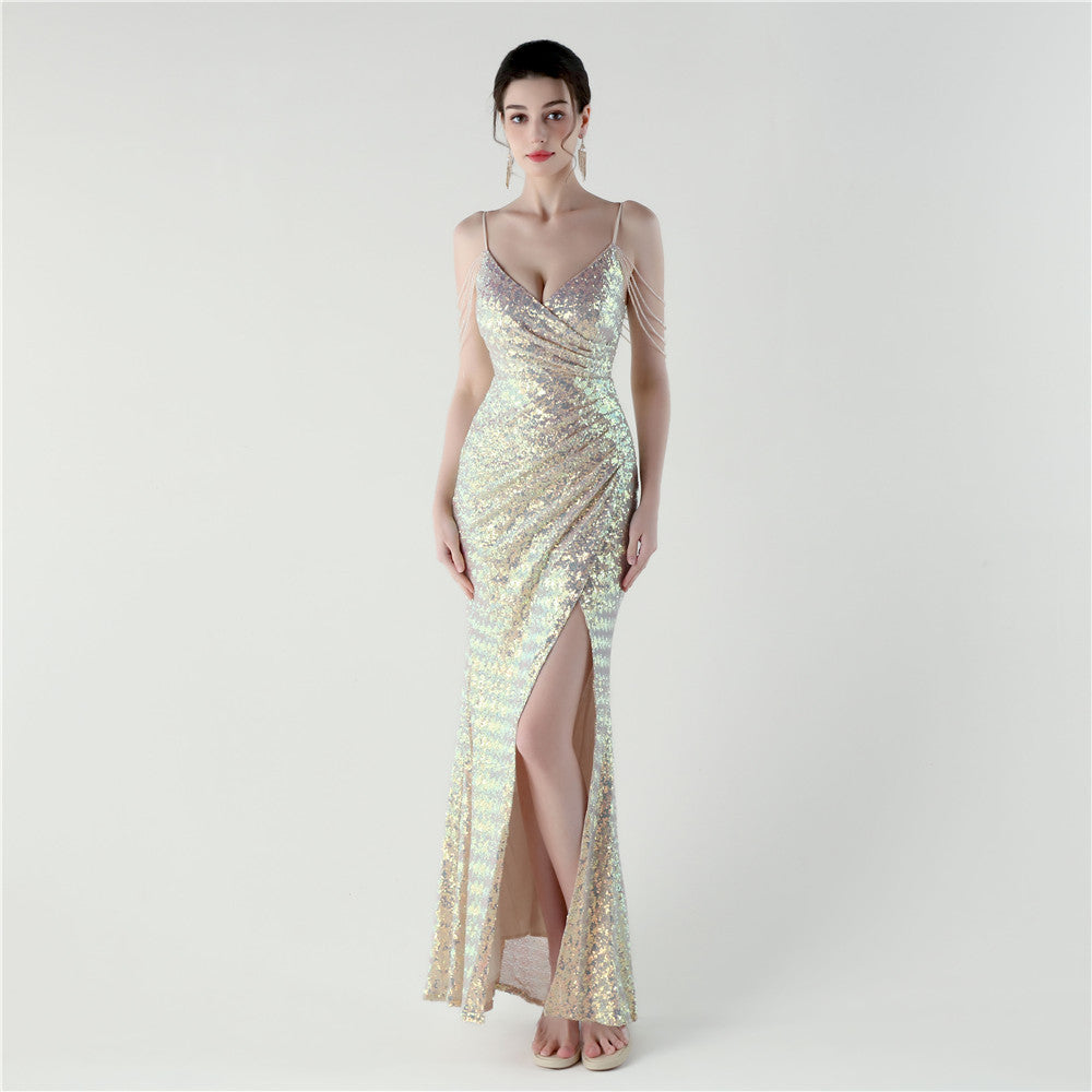 Women Evening V Neck Sequined Slit Evening Dress 9