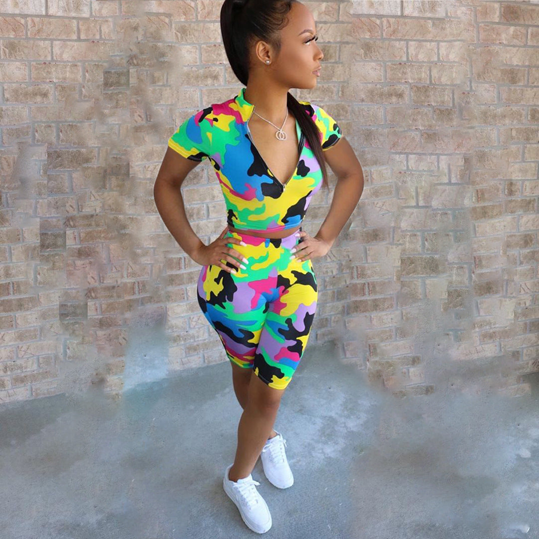 Women's Sexy Camouflage Short Sleeve Zipper High Waist Two-Piece Set 7
