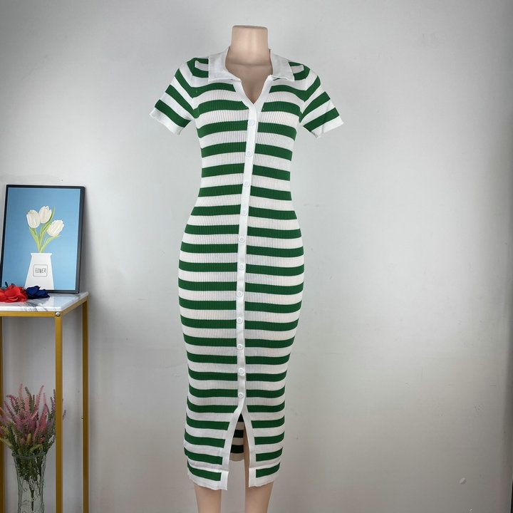 Women Summer Contrast Striped Knitted Slit Bodycon Dress 9