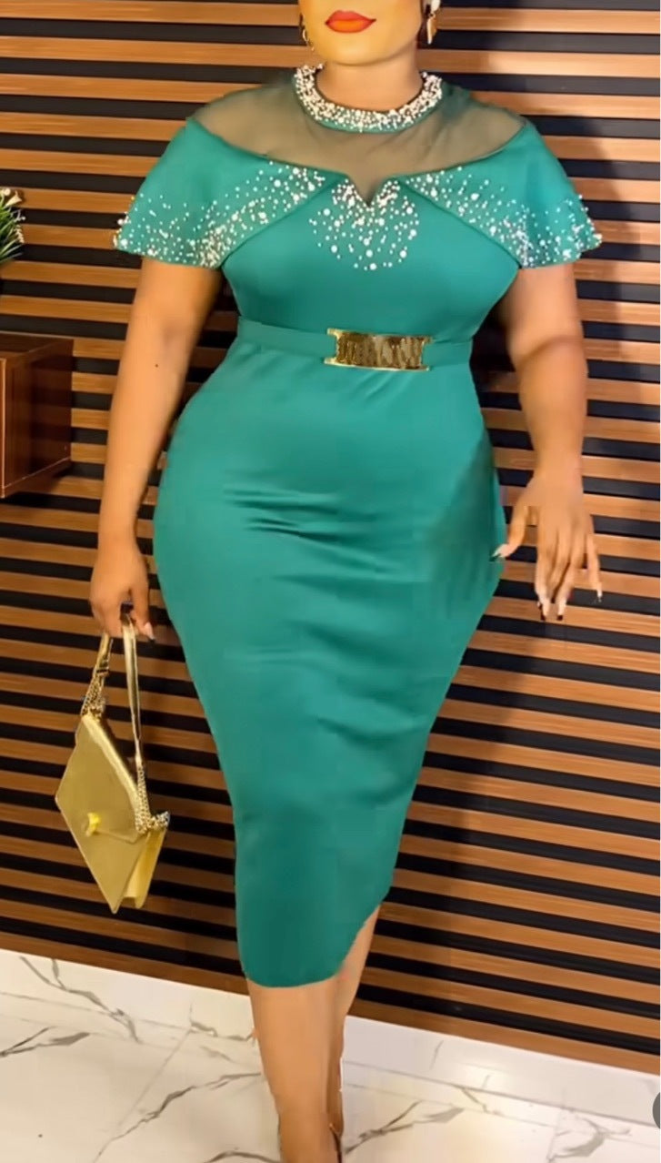 Beaded Mesh Patchwork Short Sleeve Elegant Slim Party Dress 5