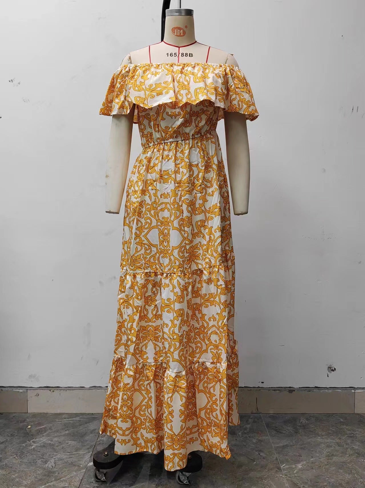 Women Off Shoulder Short Sleeve Printed Ruffle Maxi Dress 9