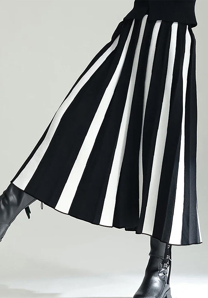 Spring Autumn Winter Knitting Color Blocking Fashion Pleated A-Line Long Skirt