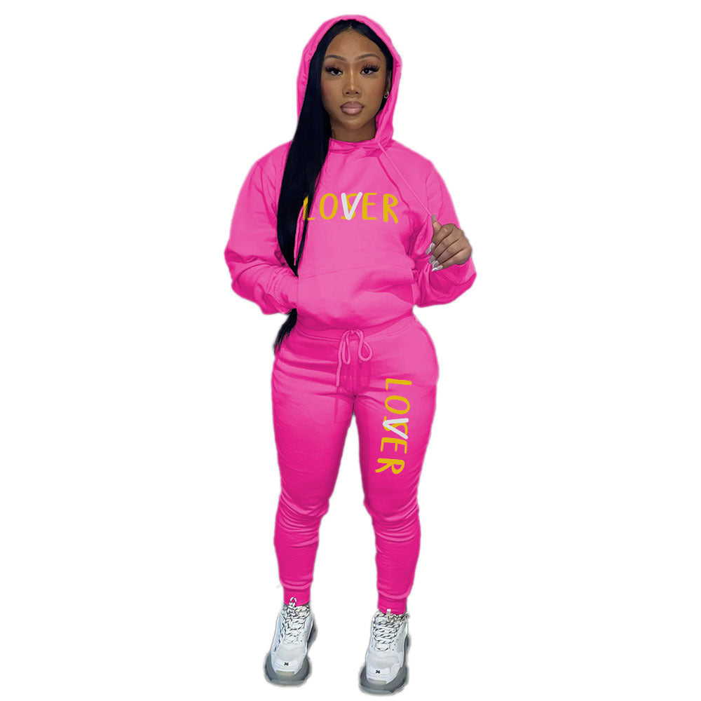 Women'S Sexy Fall Print Round Neck Loose Hoodies Two Piece Pants Set Tracksuit 10