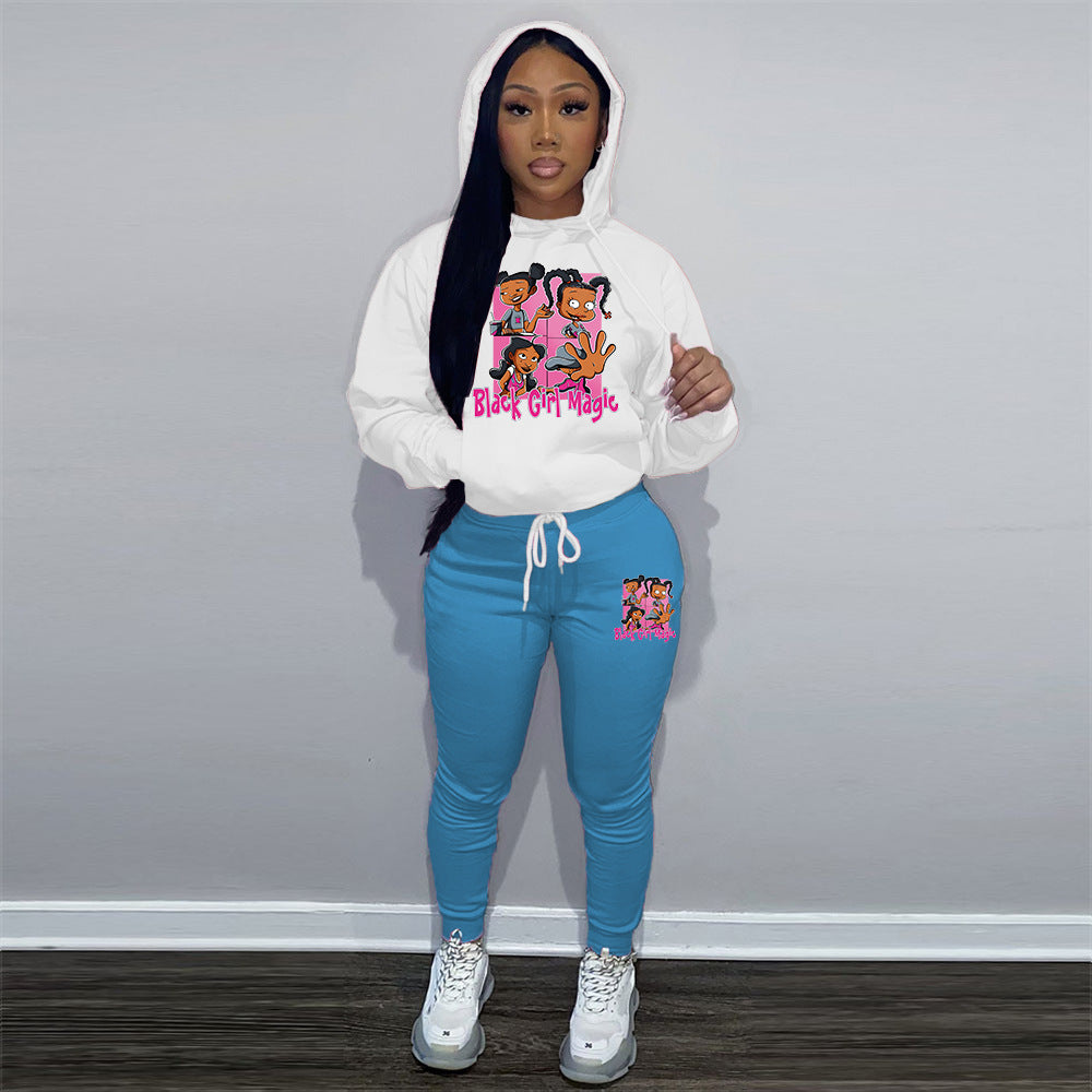 Women Printed Contrast Color Hoodies and Pant Sports Two-piece Set