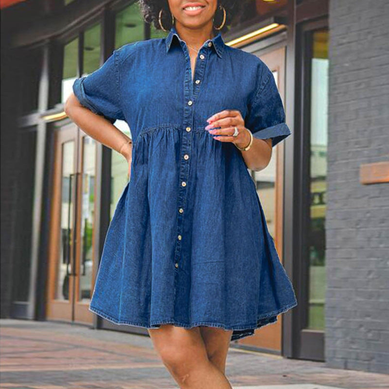 Plus Size Women Denim Short Sleeve Puffy Dress